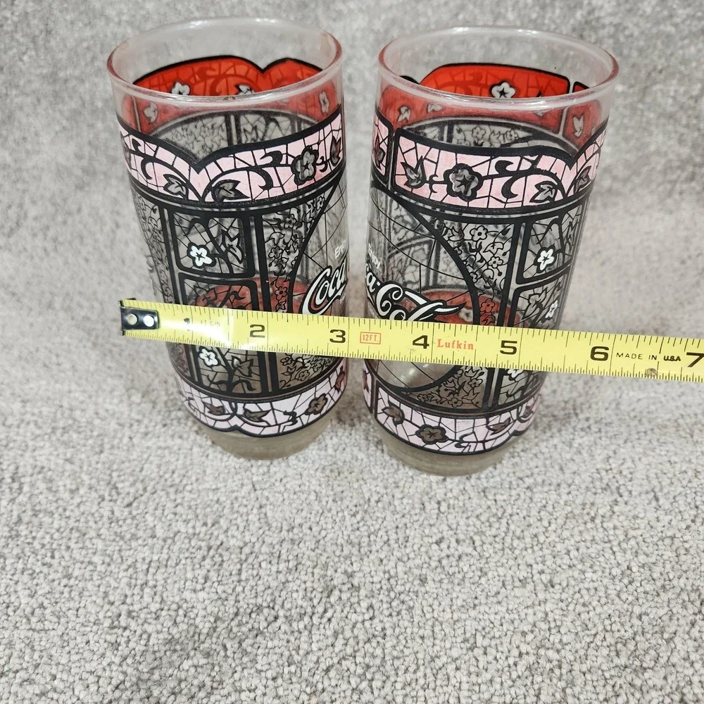 Coca-Cola Drinking Glasses Red Tiffany Stained Glass Style Vintage Set of 2 OS